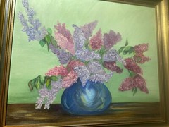 Vintage „Still Life With Flowers In Blue Vase Scene“ Oil Painting -Signed/Framed