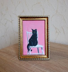 ORIGINAL Oil Painting Black cat Animals Pet Contemporary Wall art Miniature