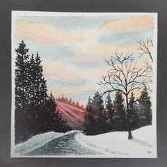 Small Realism Winter Forest Sunset Landscape Watercolor Painting