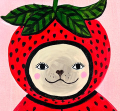 Dog in Strawberry Costume Painting, Whimsical Dog Art 11×14