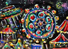 ORIGINAL ACEO Painting CARNIVAL Fair Amusement Park Fireworks Rides Fun ATC ART