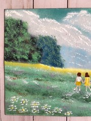 JEAN LUCEY ENAMEL ON COPPER PAINTING Siblings Children At Play County Landscape