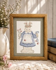 Vintage Framed Folk Art Bunny Rabbit Watercolor Painting Floral Cottagecore