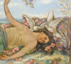 Vintage 19th c oil painting , signed , reclining woman with birds and flowers