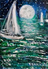 ACEO Original Painting NIGHT Moon Summer Stars Sailboats Ocean Sea Bay Boats ART