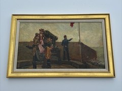 19TH CENTURY PAINTING WAR BATTLE CANNON MILITARY MAN WOMAN LANDMARK OIL OFFICER