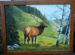 Vtg 26″ ORIGINAL ACRYLIC PAINTING On Canvas BULL ELK/ LANDSCAPE Signed & Framed