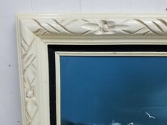 Waves Crashing on Shore Seascape Oil on Canvas, Signed, Framed 30×18 Blue Tones