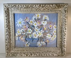 Vintage Floral Oil Painting Heavy Brush Strokes Daisies In A Vase Unsigned