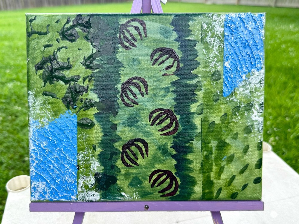 „Gardens“ 7.5 in x 10 in Green and Blue Small Abstract Acrylic Painting