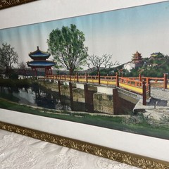 Antique gesso wood Frame Pagoda Fabric Painting Yard long Asian vtg oriental