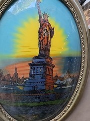 Statue of Liberty Antique USA Art Deco Glass Painting Gold Gesso Gilt Wood Frame