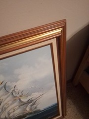 Canvas Painting Clipper Ship Nautical Frame Large Signed Very Nice