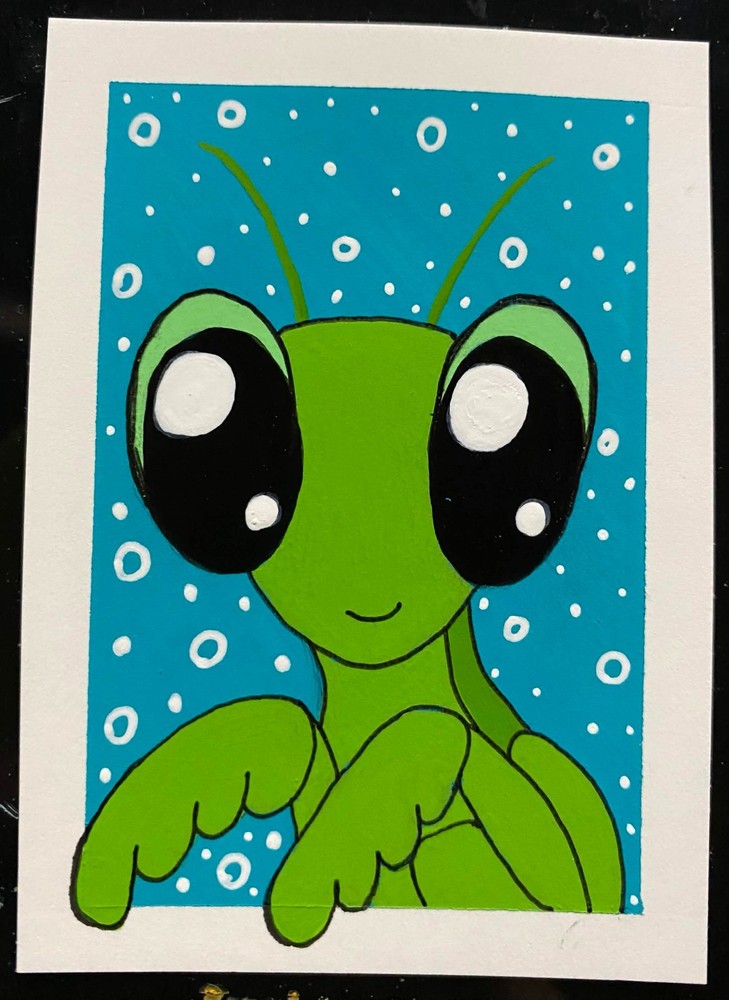 Original ACEO Mantis Bug Watercolor Artwork Pen Collectible Atc Insect Small Art