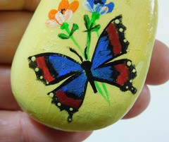 Flowers & Butterfly Hand painted rock Stone art Yellow