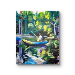 Fishing Trip Boat Pond Abstract Landscape – Vibrant Expressionist Nature Art