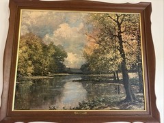 VTG Oil Painting On Canvas Mountain View Lake Landscape Signed Frame 32.5”x28.5”