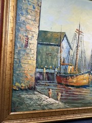 Original Oil Painting on Canvas Harbor Scene with Boats Signed Grace Framed