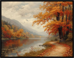 Vintage Fall Landscape Wall Art – Rustic Autumn Forest Oil Painting Print – Coun