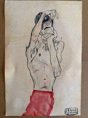 EGON SCHIELE drawing and painting on old paper signed stamped vintage