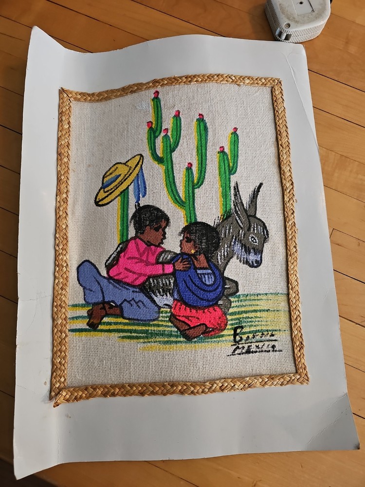 Vintage Mexican Folk Art Burlap Signed Painting. Children Cactus Sombrero
