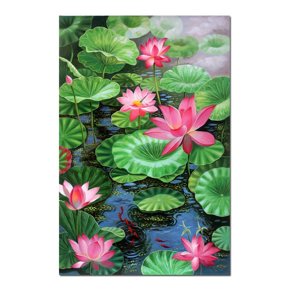 Hand Painted Oil Painting Koi Fish Pond Lotus Leaves Flowers Home Decor Wall Art