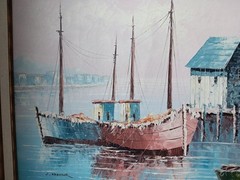Original KESWICK Oil Painting Fishing Boats in Harbor PINK SKY Calm Nautical MCM