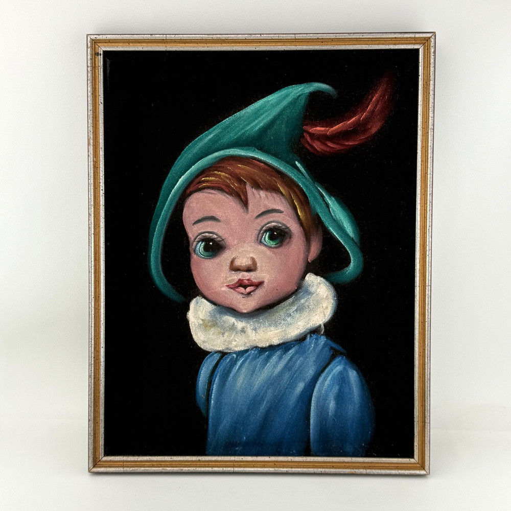 MCM 1965 Black Velvet Painting Child Big Eyes Elf Hat Mexico 12.5×16″