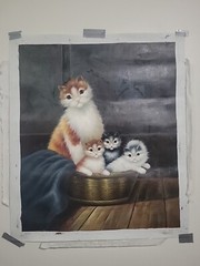 M.ROSE Cat Mom With Kittens In BASKET ORIGINAL OIL ON CANVAS PAINTING 24″x20.5″