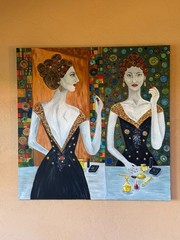 Original Acrylic Painting Woman Vanity Mirror Art Nouveau Klimt Canvas