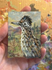 Beep Beep! Original Southwest Roadrunner Miniature Bird Painting Magnet Art. ATC
