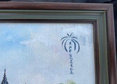Vintage Coastal Landscape Nautical Oil Painting Boats Architecture Boy Palm Tree