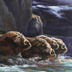 Edward „Ned“ Aldrich Wildlife Wall Art Oil Painting Musk Oxen In River 1985