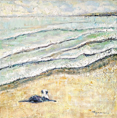 Original Textured Oil Painting Dog on Beach Seascape Coastal Wall Art 20×20″