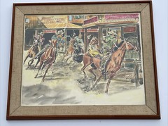 OLD WEST PAINTING COWBOY GUN FIGHT SALOON TOWN HORSE LISTED AMERICAN SLATTERY