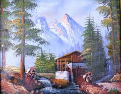 ALPS WATERFALL WATER WHEEL PINE TREE 10″ OIL PAINTING ART GIFT WALL DECOR FM633