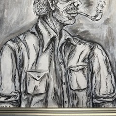 Vintage „Man Smoking A Pipe” Black / White Painting – Signed And Framed 32 x 29