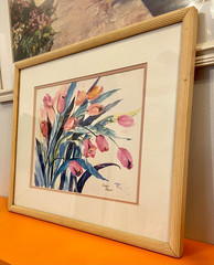 Original Watercolor Blue & Pink Hues Tulips Signed California Artist Karen March