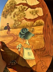 Vtg 1976 Primitive Toll Painted Pilgrim Girl Prairie Farm Painting Wood Oval