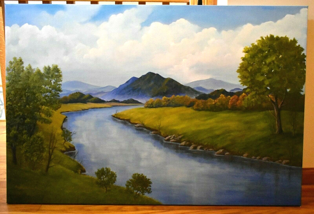 New River Oil Painting Blue Ridge Mountains North Carolina Signed Original 36″