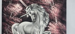 Vintage Blacklight Velvet Painting Unicorn Fantasy Art Signed Aune 23.75×35.75