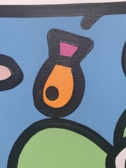 Charles Houska 2001 Green Frog Blue Eyes Red Pink Flowers Black 12”sq Acrylic