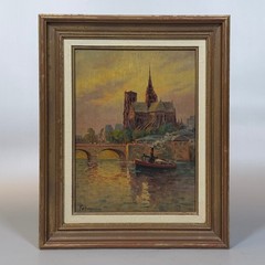 Jean Fabry, Antique French Oil Painting Paris Notre-Dame Cathedral Seine Signed