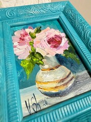 Original Oil Painting Pink Peonies Flowers Still life Vase Art Framed 4×5 in