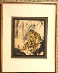 Tiger, Hand Painted Ink On Rice Paper Hand Colored Original Framed matted