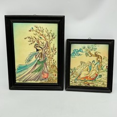 2 Vintage Persian Artwork Girl Dancing Framed Hand Painted On Leather? Vinyl?
