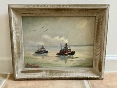 Vintage Amee Davis Oil Painting Tugboats Seascape Signed Framed 15×12 1950s