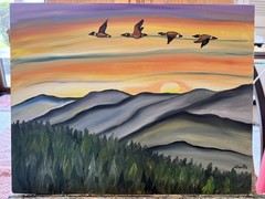 Original oil painting 11 x 14 inches blue ridge mountains with geese at sunset