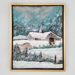 Original Winter Landscape Oil Painting Snowy Barn Farm Signed Noel 17×21 Framed