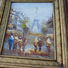 Vintage Oil Painting Art Paris Cityscape Street Scene with Eiffel Tower Signed